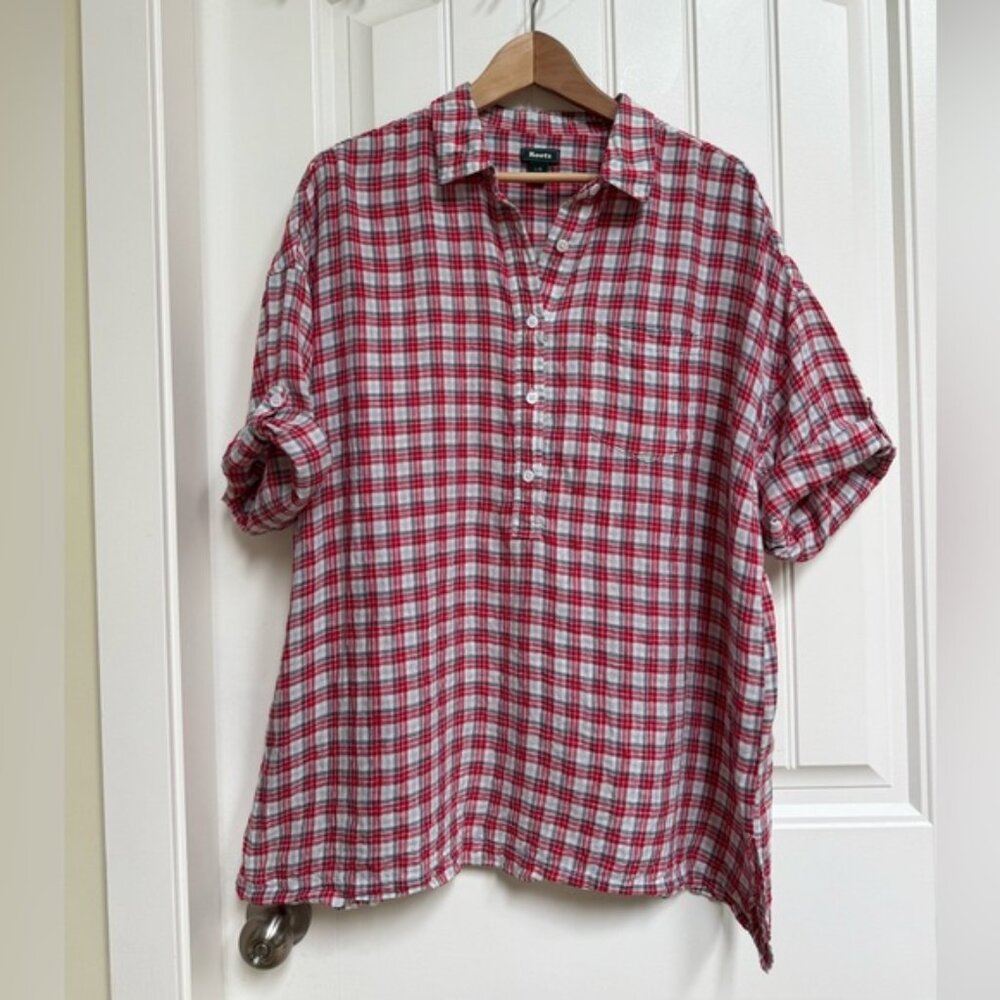 Roots 100% Linen Red, Blue, White Check Half Button Adjtable Sleeve Shirt. L